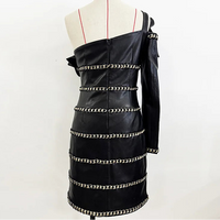 Elegant Socialite Fashion New Heavy Chain Three-Dimensional Ruffle Off-Shoulder Leather Dress Sexy Mini Dress