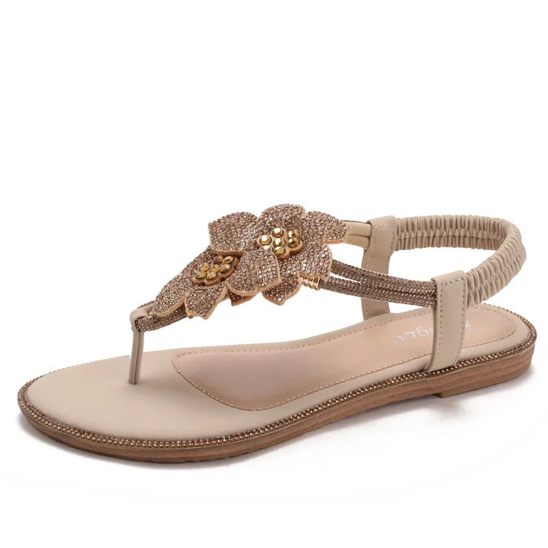 Womens Bohemian Floral Rhinestone Sandals Elegant Crystal Flower Décor Elastic Ankle Strap Soft Cushioned Insole Non Slip Sole