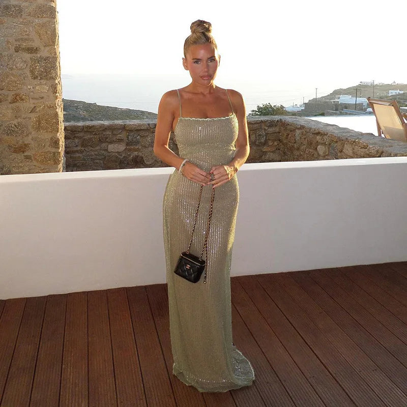 Strap Bead Glitter Dress for Women Hot Girl Sexy Long Dress Kaftan Style Summer Long Dress