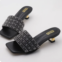 Low Heel Slippers Elegant Lady Square Toe Sandals Luxury Rhinestone High Heels Mules  Slip-on Women Shoes Natalia Home Fashion    Natalia Home Fashion