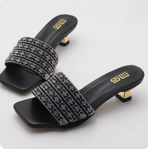 Low Heel Slippers Elegant Lady Square Toe Sandals Luxury Rhinestone High Heels Mules  Slip-on Women Shoes - Natalia Home Fashion