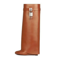 Knee-length Zipper Boots for Women, Thick Soles Metal Decoration Shoes, Shark Lock, High Heels, Designer Fashion Brand - Natalia Home Fashion