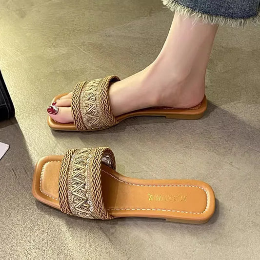 Fashion Women's Slippers Versatile Straw Woven Retro Flat Sandals Ethnic Casual Classic Flip Flops
