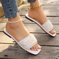 Small Fragrant style flat bottomed plus size slippers for women square headed rhinestone pearl fashionable casual slippers - Natalia Home Fashion