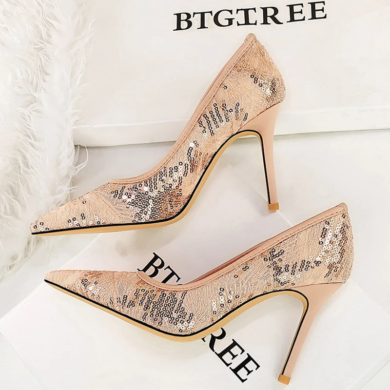 Women Pumps pointed tip High Heels Women 9.5 Cm Heels Lace mesh Wedding shoes Stiletto Sexy party shoes