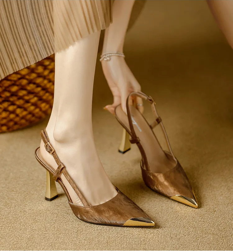 Women's Pumps Sexy Stiletto Sandals Fashion Metallic Pointed Toe Rear Hollow Out High Heels Single Shoes Lady Sandals