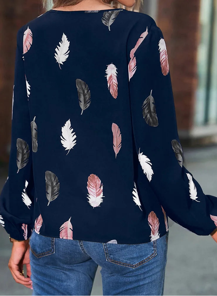 Fashion Woman Blouse Shirts For Women Stylish Top long Sleeve Feather Pattern Female Tops Elegant Chiffon Mujer Woman Clothes Natalia Home Fashion    Natalia Home Fashion