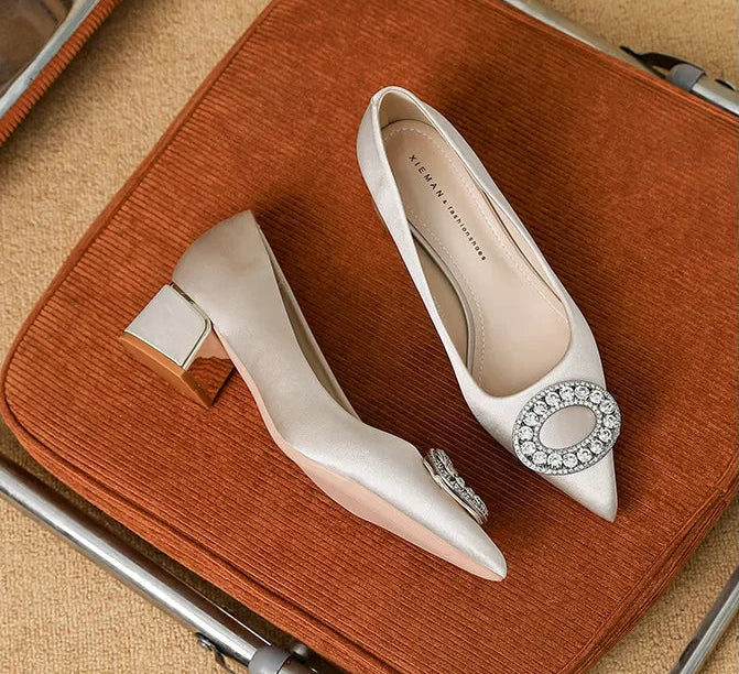 Soft Leather Black Pointed Toe Work Shoes Spring Autumn New Style Comfortable Thick Heel Professional Soft Bottom Shoes