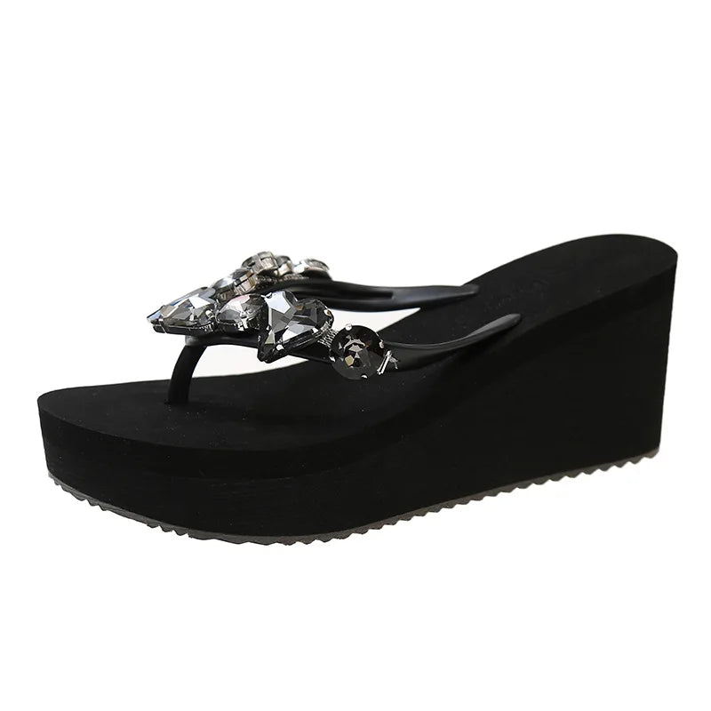 Rhinestone Flip Flops Women's Summer Slope High Heel Non Slip Outer Wear Fashionable Height Enhancing Cool Slippers