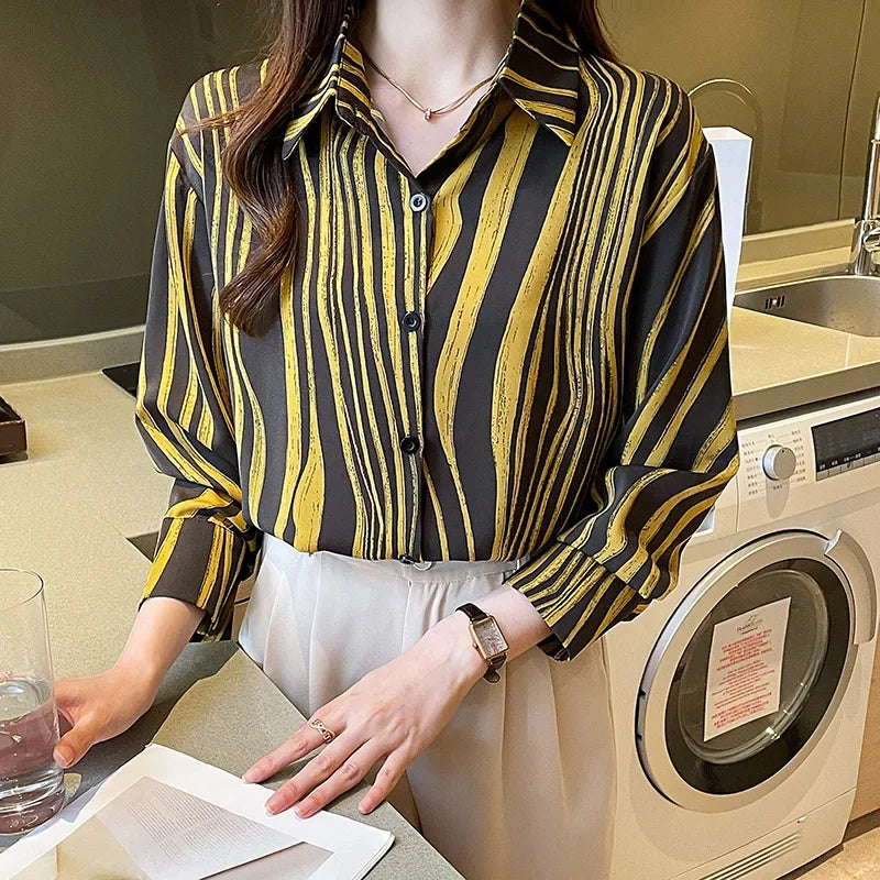 High-End Elegant Fashionable Casual Striped Long Sleeve Versatile French Style Lapel Chiffon Shirt Women's Clothing