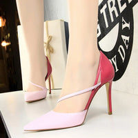 Women 9.5cm High Heels Sandals Nightclub Stripper Heels Sexy Patchwork Party Ankle Strap 2 tone Shoes