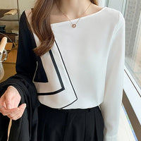 New Long Sleeve Skew Collar Women Blouse Patchwork Chiffon Blouse Shirt Women Tops Blouses Shirts Blusas Para Mujer Camisas A823 Natalia Home Fashion    Natalia Home Fashion