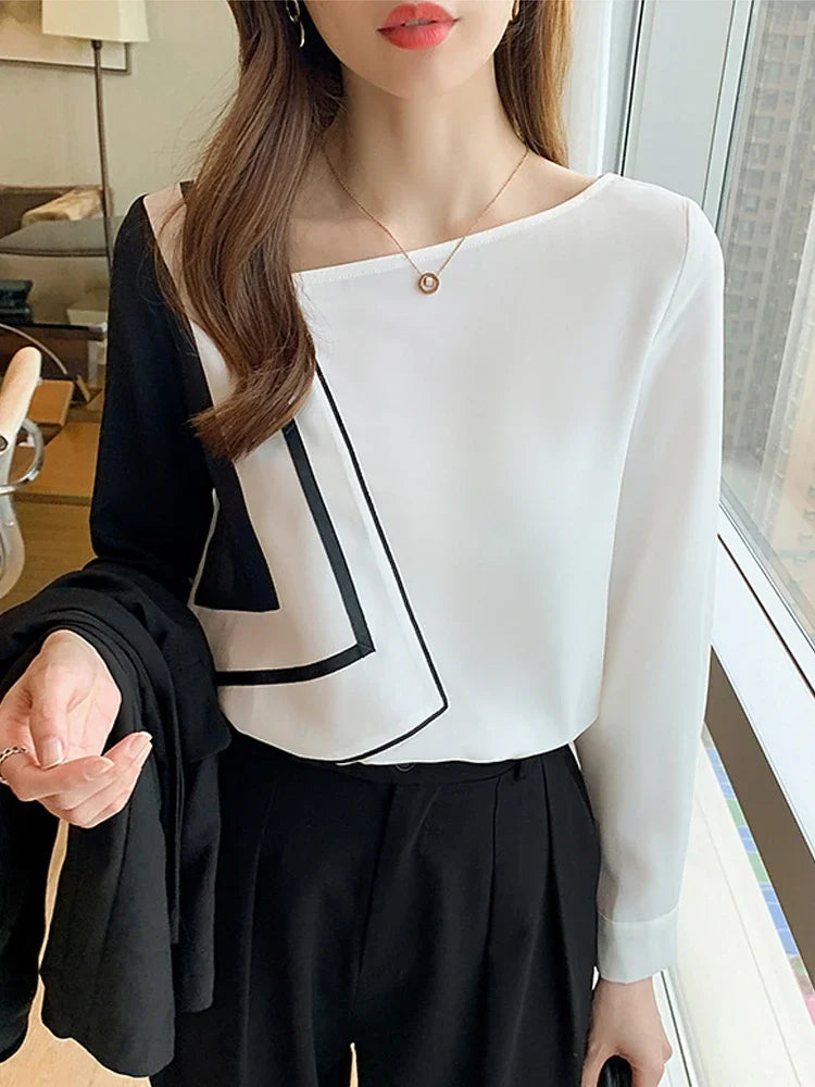 New Long Sleeve Skew Collar Women Blouse Patchwork Chiffon Blouse Shirt Women Tops Blouses Shirts Blusas Para Mujer Camisas A823 Natalia Home Fashion    Natalia Home Fashion