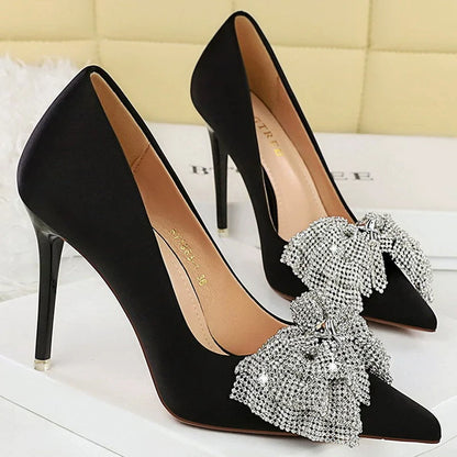 Luxury Women Pumps Rhinestone Butterfly High Heels 10.5 CM Stilettos Silks Satins Women Heels Fashion wedding shoes Plus size 43