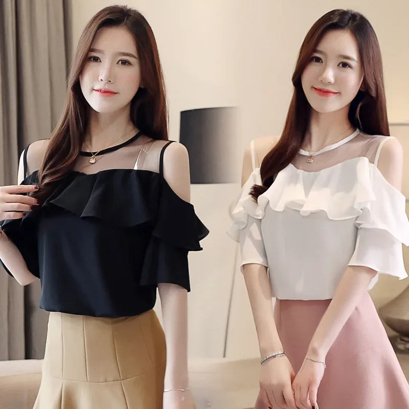 Loose Women's Chiffon Shirt round Neck Pure Color Mesh Five Sleeve Transparent Top Fashionable Small Shirt