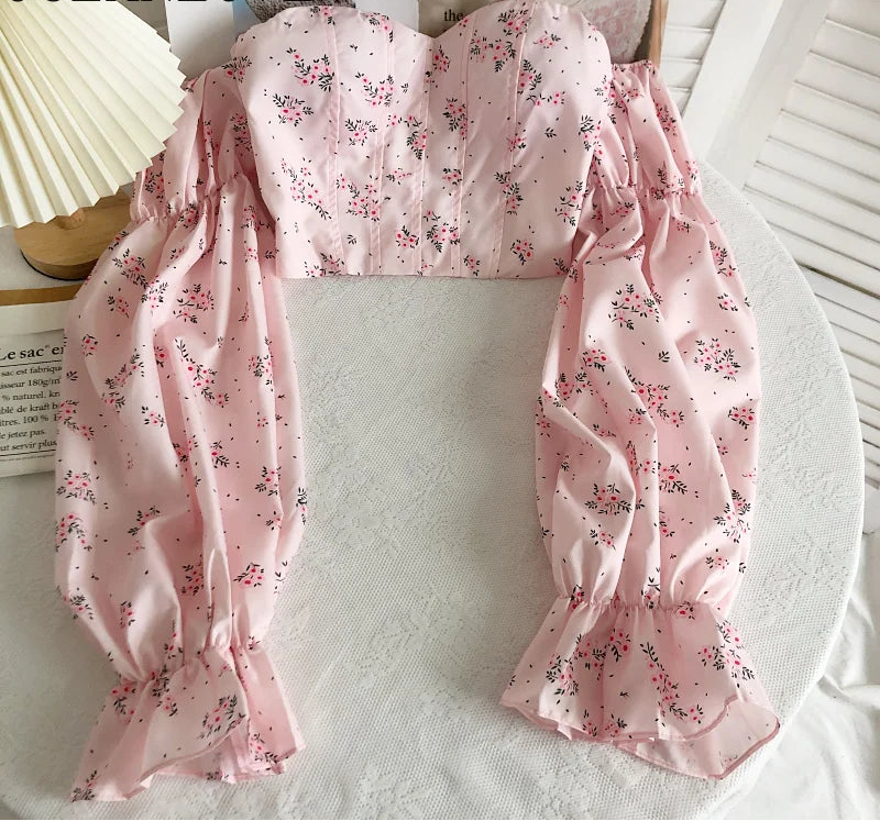 Chic Crop Tops Blouses Women Sexy Lady Slash Neck Flare Sleeve Floral Sweet Long Sleeve Crop top Shirts