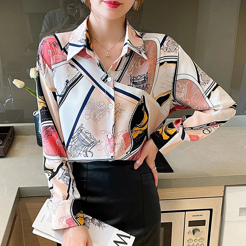 Chiffon Allover Printed Women's Blouses High Quality Long Sleeve Single Breasted Spring Summer Casual Lady Blouses