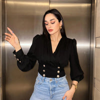 Women's Sexy V-neck Long Sleeved Short Waist Wrapped Bubble Sleeve Solid Shirt