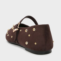 Round Toe Rivets Women Mary Jane Shoes Brown Faux Suede Metal Belt Non-slip Soft Sole Retro Design Ladies Flats
