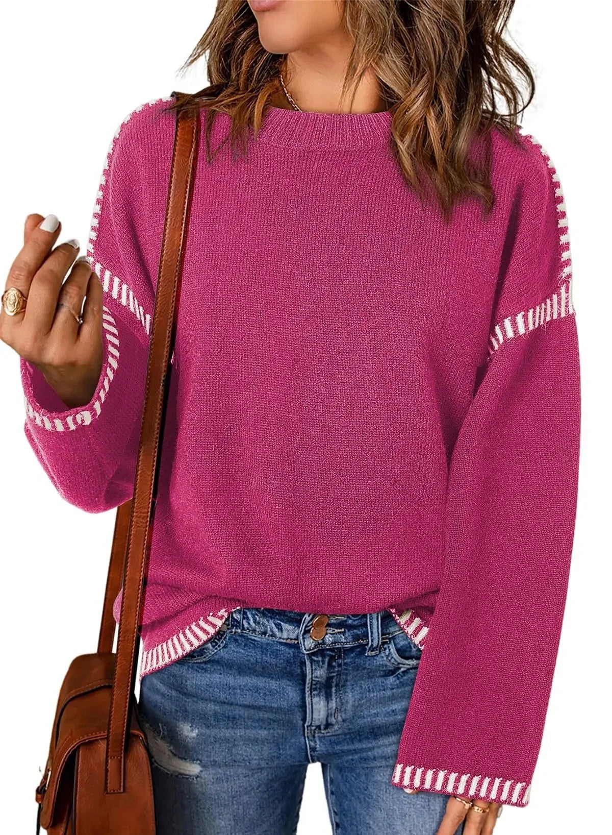 Women's Loose Long Sleeve Crew Neck Knitted Sweater Thickened Polyester Fiber Pure Color Tassel Knitwear