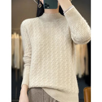 Thickened Pure Wool Knitted Sweater Women's Pullover Half High Collar Cashmere Base Layer Style