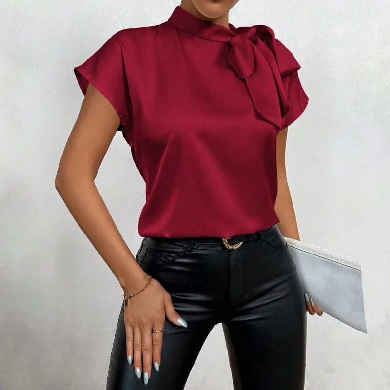 Women's Satin Short-Sleeve Blouse with Tie Collar Large Bow