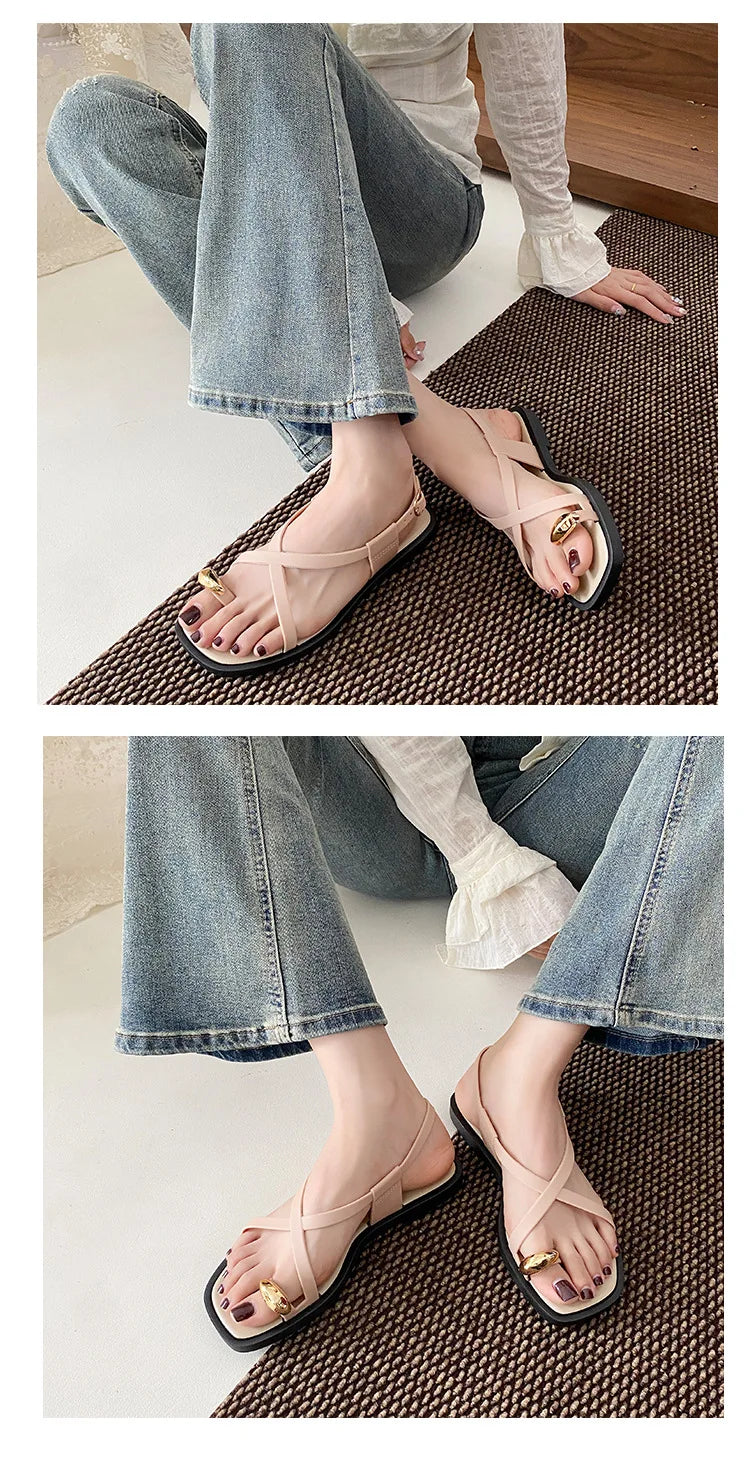 Women's Roman Style Toe-Over Sandals Flat Bottom Outdoor Wear Crossbody PVC Material Anti-Slip Low Heel Footwear