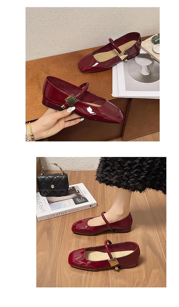 Women Mary Jane Shoes French Retro Square Toe Low Heels Shoes Women's Comfortable Ballet Shoes