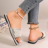 Small Fragrant style flat bottomed plus size slippers for women square headed rhinestone pearl fashionable casual slippers