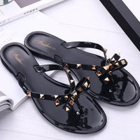 Women Jelly Slippers Rivets Studs Bow-Knot Leisure Daily Flip-Flops For Raining Days Anti-Slip Flat Slippers