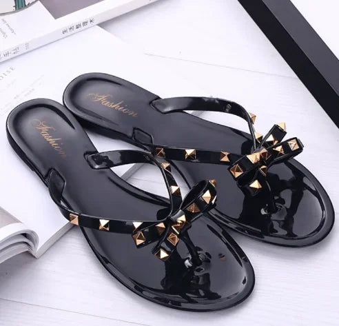 Women Jelly Slippers Rivets Studs Bow-Knot Leisure Daily Flip-Flops For Raining Days Anti-Slip Flat Slippers