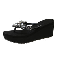 Rhinestone Flip Flops Women's Summer Slope High Heel Non Slip Outer Wear Fashionable Height Enhancing Cool Slippers