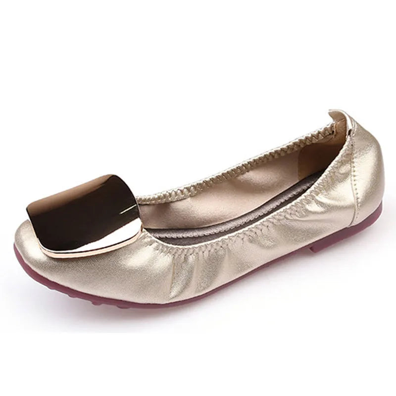 Light Metal buckle roll-up flats ladies shoes cozy moccasins sequined cloth foldable ballet flats woman