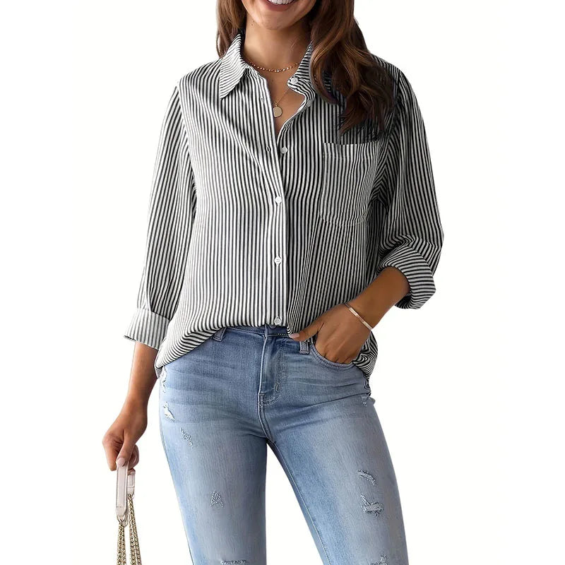 Classic Striped Shirt Women Streetwear Vintage Long Sleeve Blouses Female Casual Loose Single-Breasted Shirts