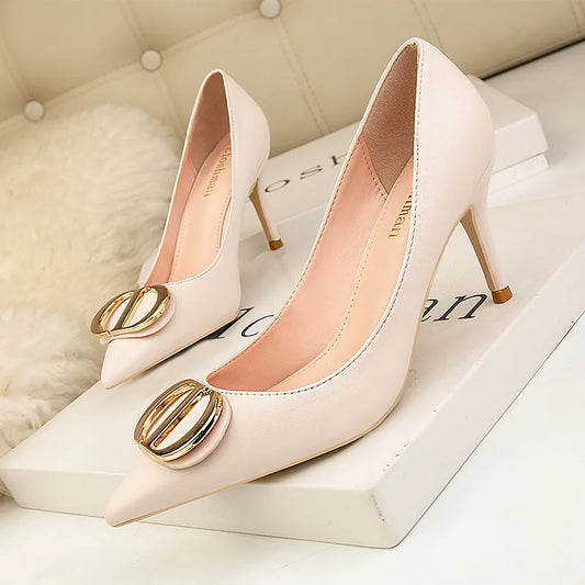 Sexy Women's Stiletto High Heels Shallow Mouth Pointed Toe Metal Buckle Party Single Shoes