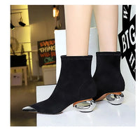 Street Style Fur Metal Hollow Heel Modern Faux Suede Short Boots for Women Metal Pointed Toe Low Heel Boots Female