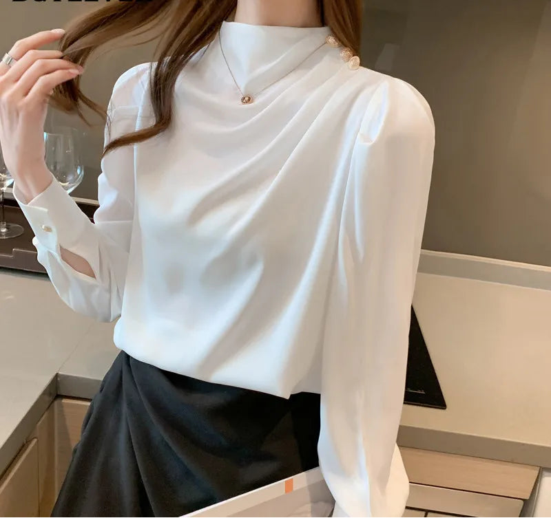 BGTEEVER Stylish Long Sleeve Women Satin Blouses Elegant Loose O-neck Buttons Ladies Pullovers Shirts Tops Spring OL Blusas Natalia Home Fashion    Natalia Home Fashion