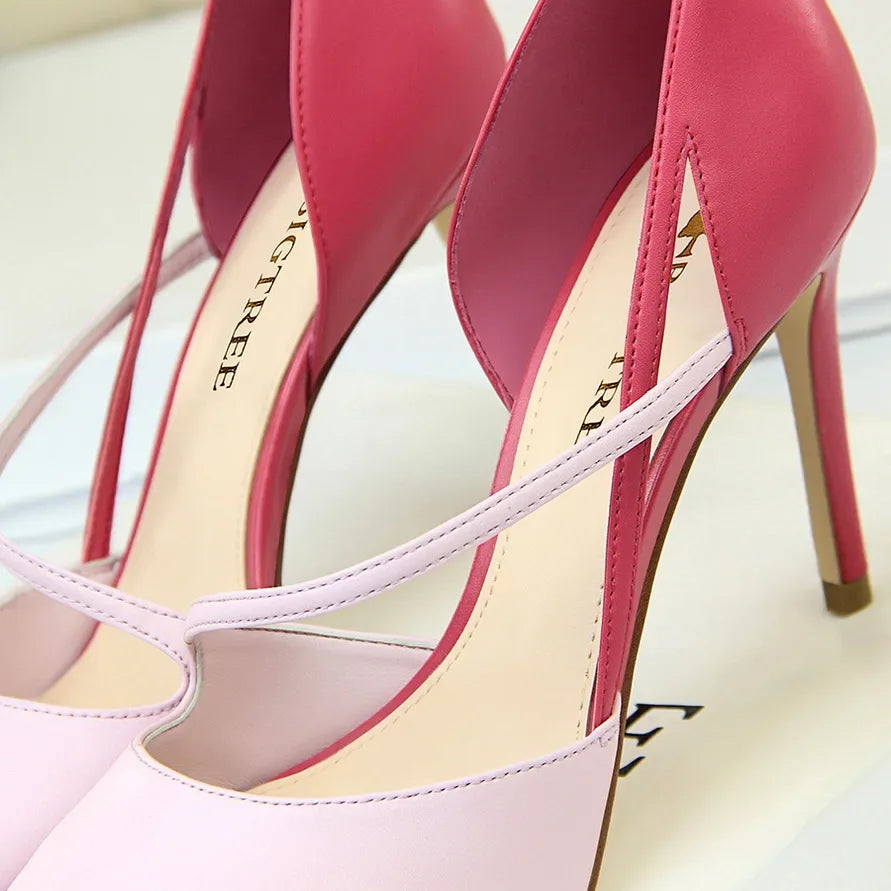 Women 9.5cm High Heels Sandals Nightclub Stripper Heels Sexy Patchwork Party Ankle Strap 2 tone Shoes