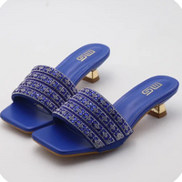 Low Heel Slippers Elegant Lady Square Toe Sandals Luxury Rhinestone High Heels Mules  Slip-on Women Shoes - Natalia Home Fashion