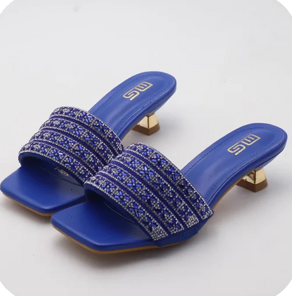 Low Heel Slippers Elegant Lady Square Toe Sandals Luxury Rhinestone High Heels Mules  Slip-on Women Shoes Natalia Home Fashion    Natalia Home Fashion