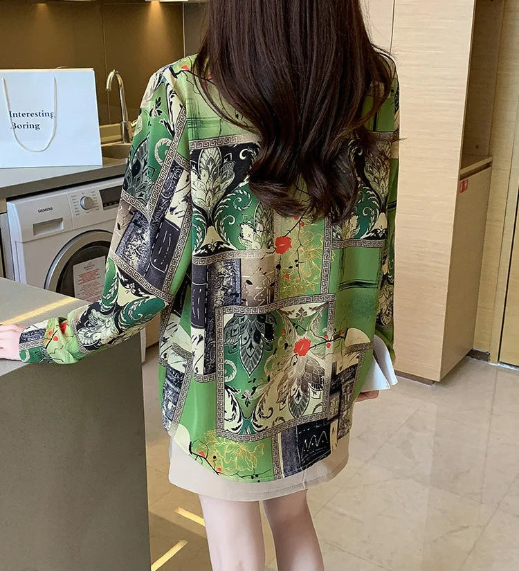 Slim Floral Long-sleeved Shirt Loose Printed Top for Women