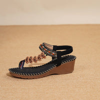 Bohemian Style Women's Sandals Summer Fashion Beach Slope Heel Slippers Beaded Diamond Slip-On round Toe PU Lined Mid Heel