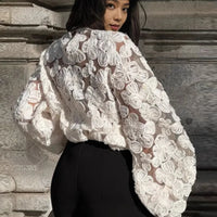 Luxury Fashion Jacquard See-through Shirts Women 3D Flower Long Sleeve Blouse Patchwork Tops Loose Design Lady Outerwear