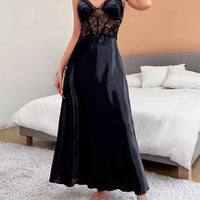 Black Satin Long Lace Splicing Sexy Dress Hot Women's Nightgowns
