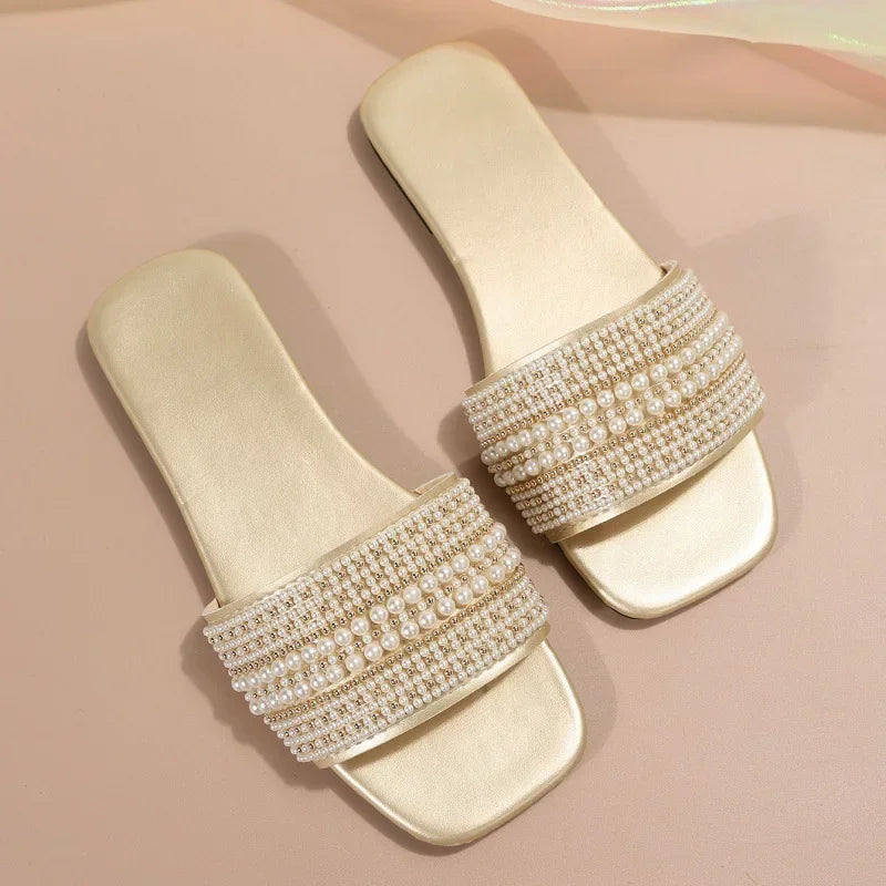 Flat Bottom Sandals Women's Fashionable Pearl Casual Beach Slippers Comfortable Rubber Upper Footwear - Natalia Home Fashion