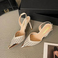 Elegant Hollow Out Woven Stiletto Sandals Women Pointed Toe Metal Straps High Heels