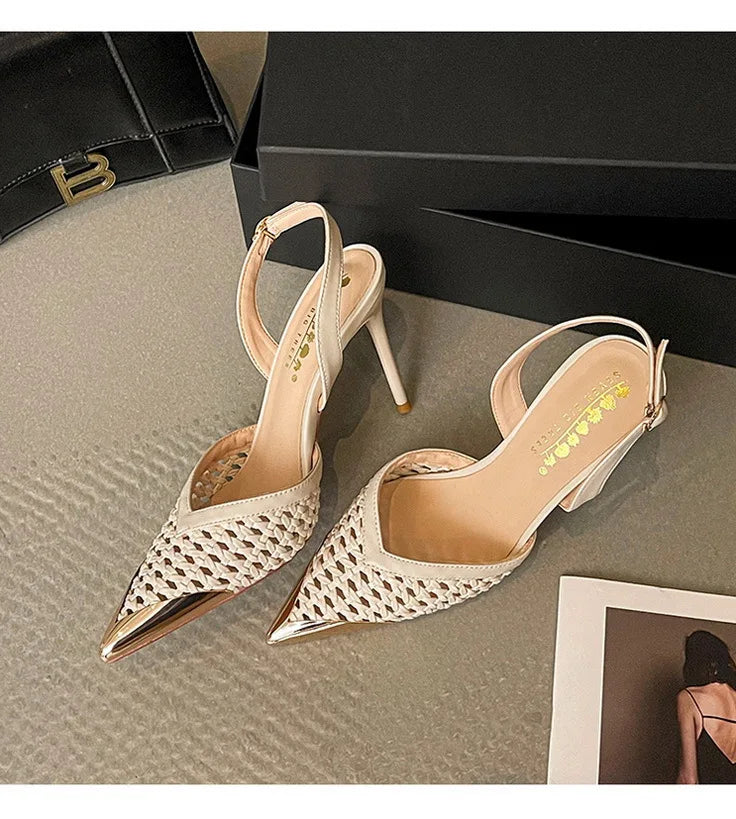 Elegant Hollow Out Woven Stiletto Sandals Women Pointed Toe Metal Straps High Heels