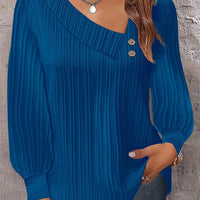 Simple Button V-neck Pullover Women's Solid Long Sleeve Casual T-shirts Elegant Lady Blouses