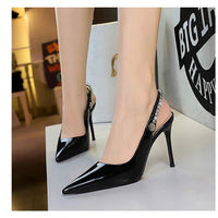 Fashion Women Pointed Toe Patent Leather High Heels Shallow Vamp Rhinestone Decorated Backless Strap Dress Shoes
