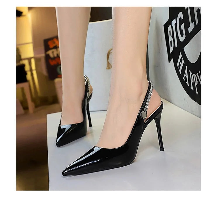 Fashion Women Pointed Toe Patent Leather High Heels Shallow Vamp Rhinestone Decorated Backless Strap Dress Shoes